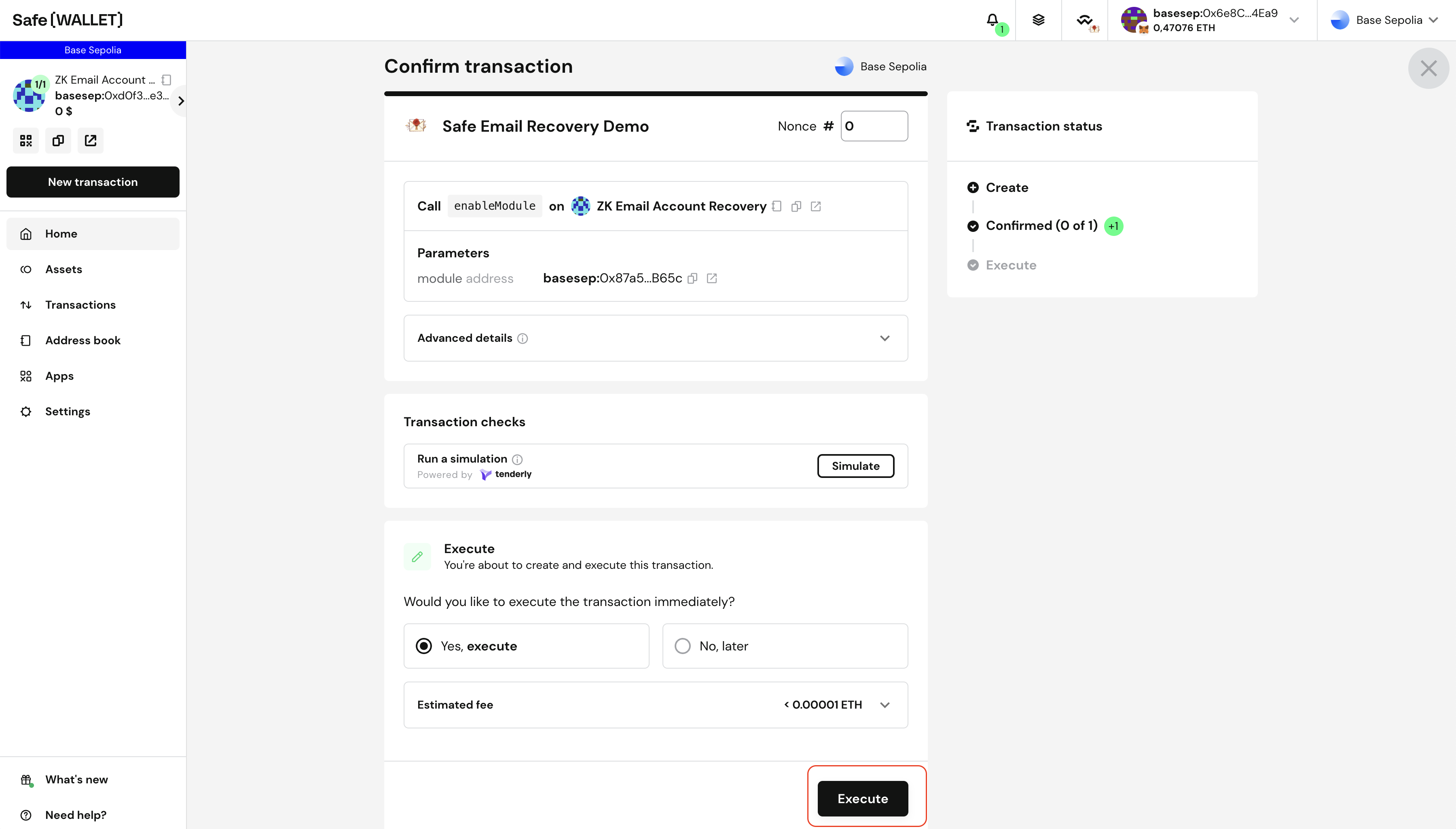 ZK Email Recovery Confirm Transaction on Safe