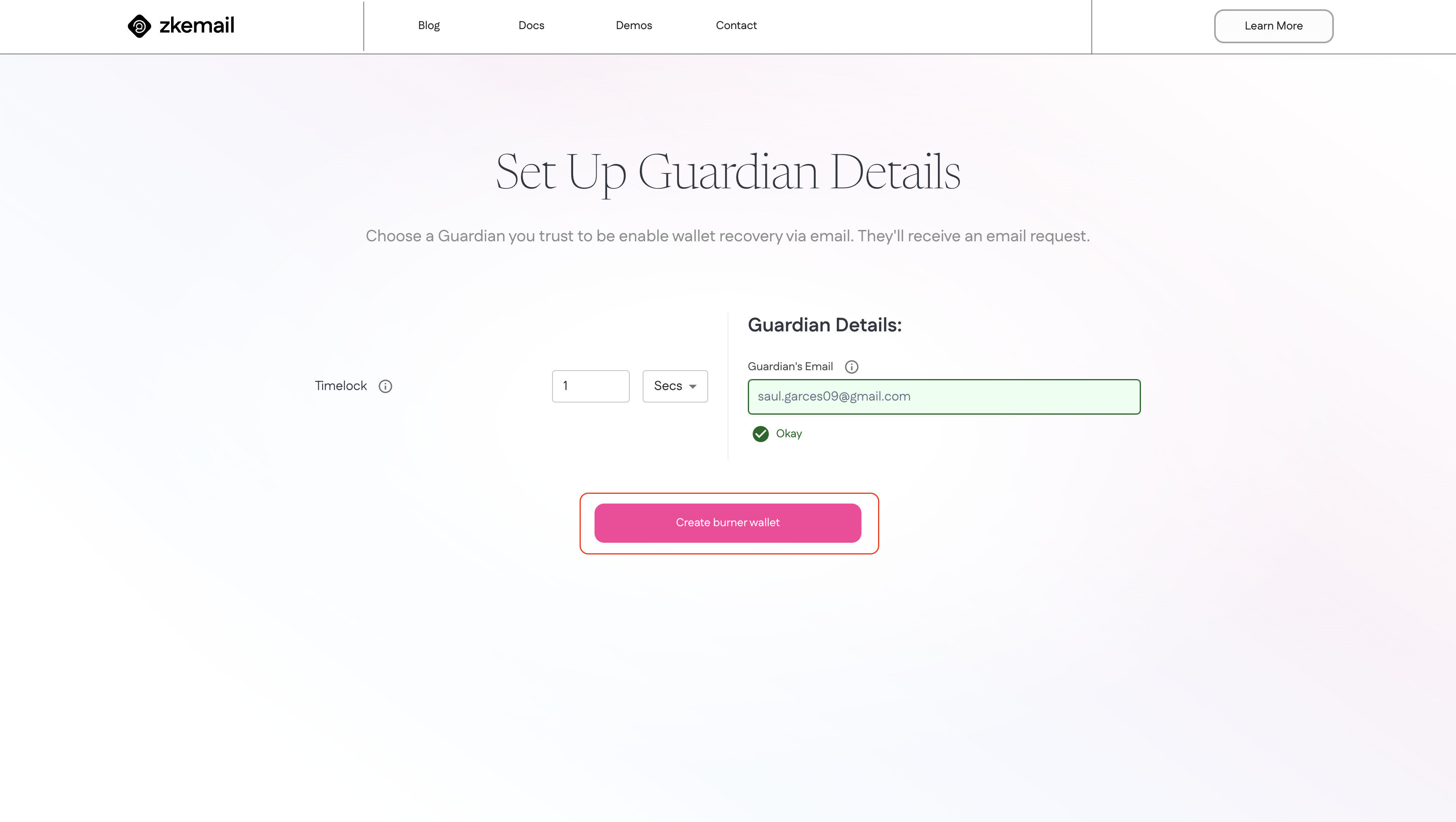 ZK Email Recovery Create Burner Wallet