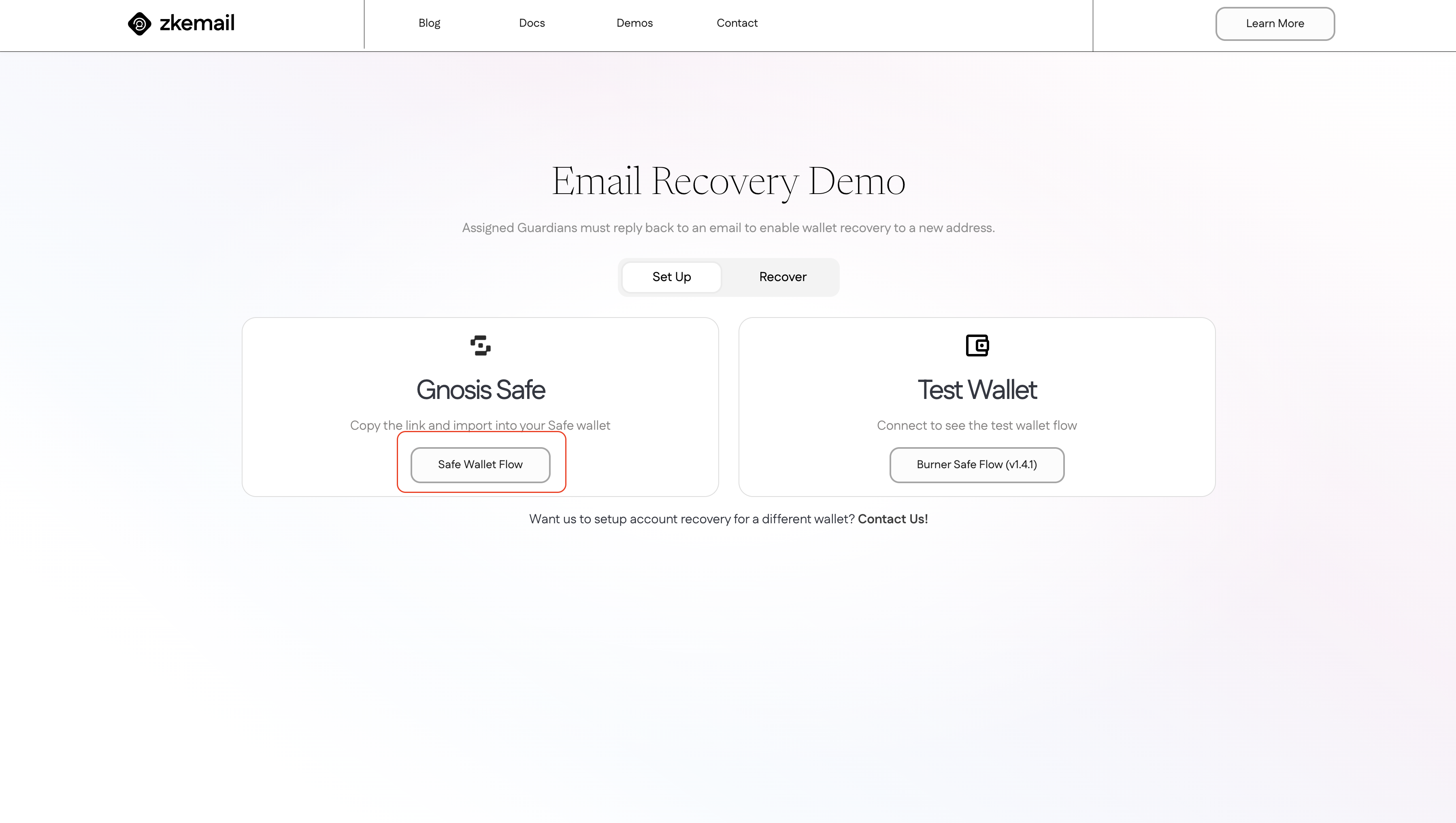 ZK Email Recovery Landing Page Safe Wallet Flow